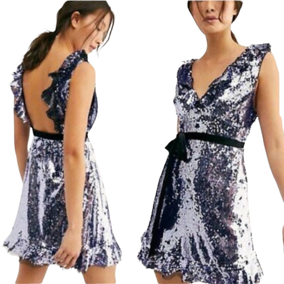 Free People Dresses & Skirts - Free People Sz 6 Siren Ruffle Sequin Backless Party Holiday Mini Dress Purple